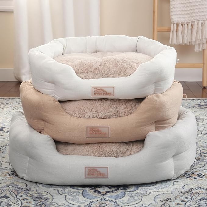 TOWN & COUNTRY EVERYDAY CuddleTown Faux Linen Comfy Cozy Cuddler Pet Bed, Supportive & Calming, Non-Slip Bottom, Machine Washable Cover, Blue, Small 22"x20"x7"