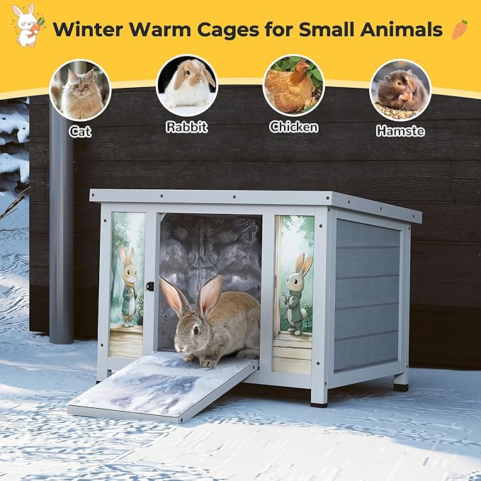 COZIWOW 24inches Insulated Cat House Outdoor Heated Indoor Small Animal House,Rabbit Cage Outdoor,Suitable for Small Cats, Rabbits, with Warm Liner for Winter(Grey with Warm)