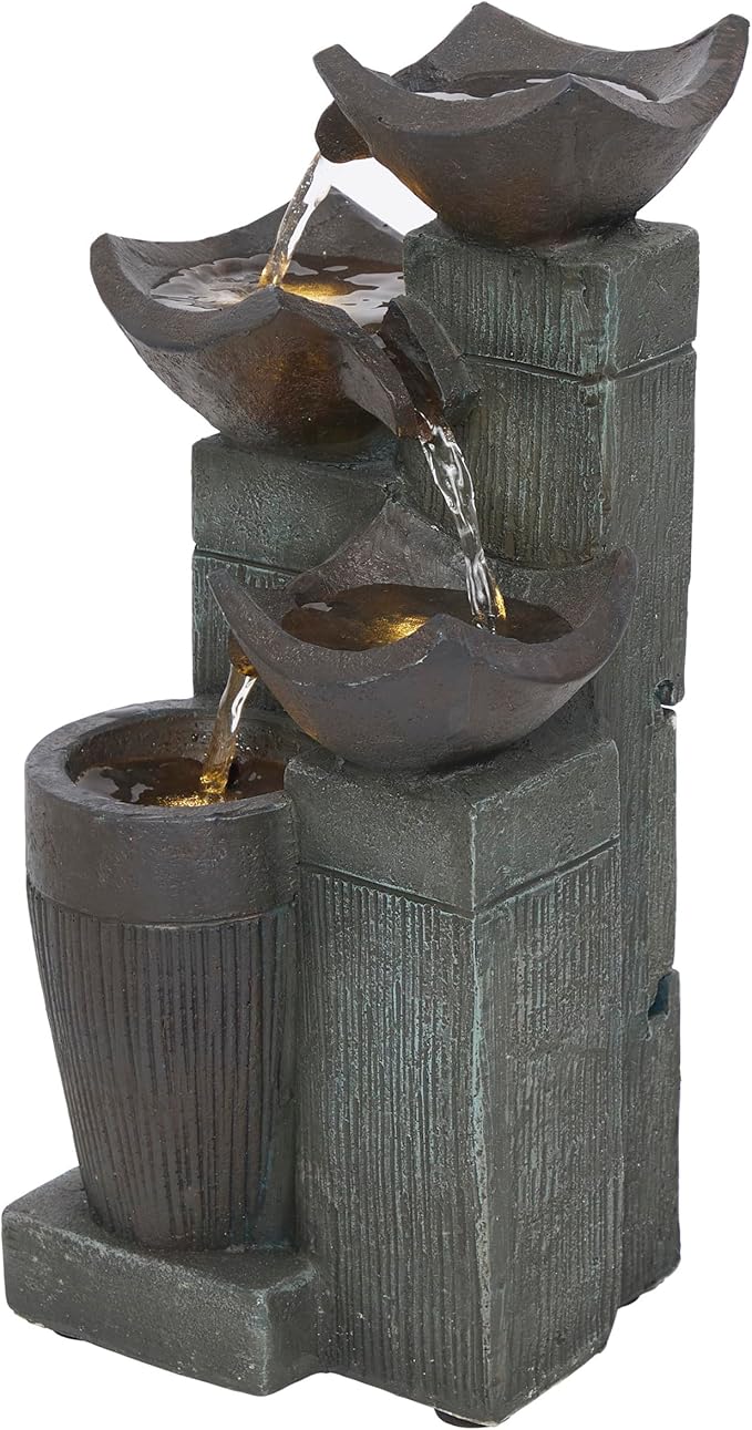 Alpine Corporation TZL414 14" 4 Tier Squared Bowls Fountain with LED Lights, Elegant Tabletop Water Feature for Home, Office, Living Room, Bedroom & Desk Decor, Gray