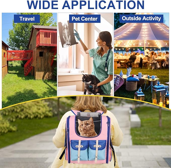 Pet Backpack Carrier, Portable and Ventilated, Oxford Cloth, Dogs Cats and Small Animals Travel Bag 13.39", (Beige, White, Orange, 1 Pcs), Intended for Hiking/Camping/Traveling