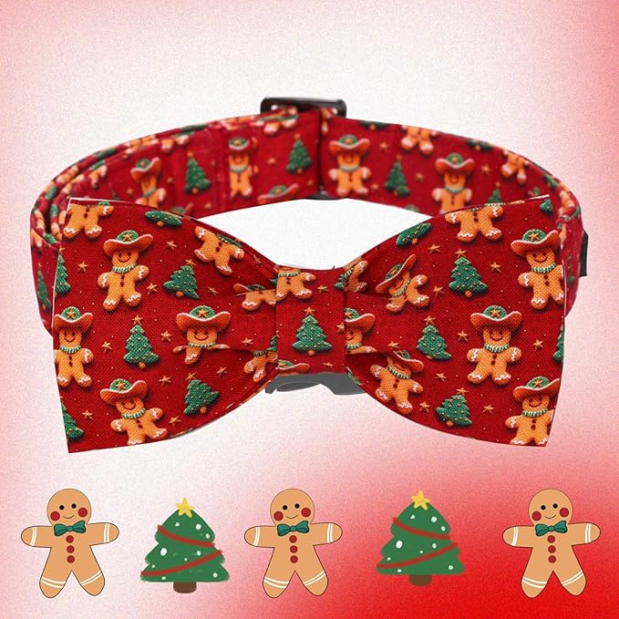 Christmas Dog Collar, Soft Pet Collar Gingerbread Man Cute Dog Collar with Bow Red Christmas Tree Adjustable Sturdy Collars Winter Holiday Collars for Small Girl Boy Dogs
