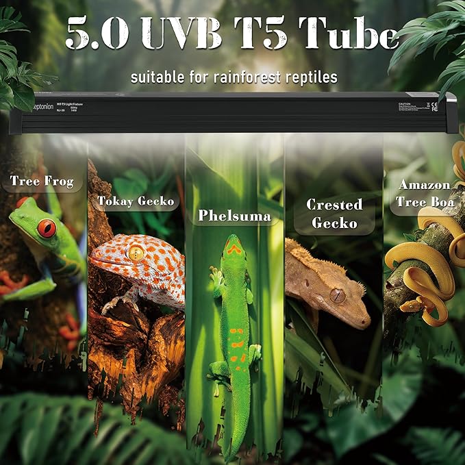 T5 Reptile UVB Light 34.5 Inches Fixture with UVB 5.0 Bulb High Output Hood for Terrariums, Basking Reptiles, Lizards, Chameleons, Iguanas, Bearded Dragons, 21W