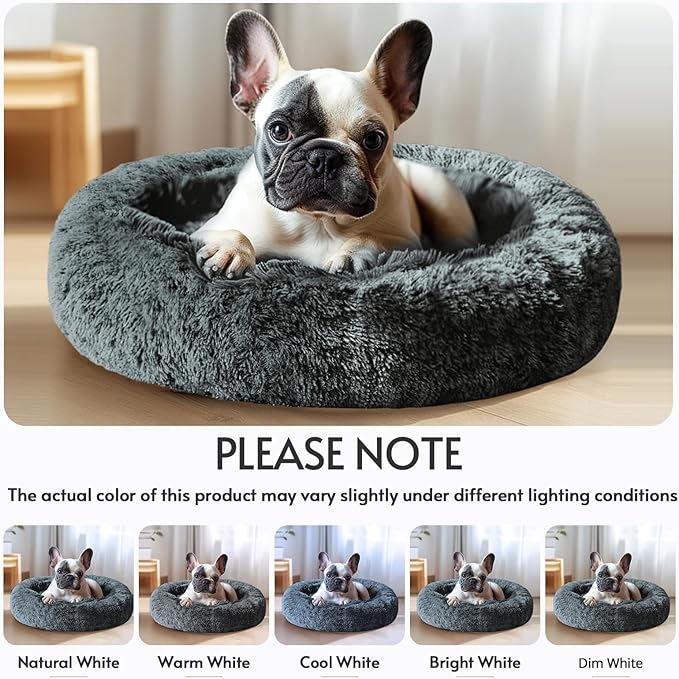 JOLLYVOGUE Calming Dog & Cat Bed for Small Dogs, Anti-Anxiety Donut Cuddler Cozy Soft Round Bed with Anti-Slip Bottom, Fluffy Faux Fur Plush Cushion Beds for Small Medium Dogs (20")