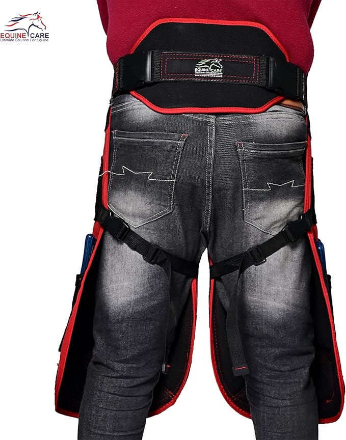 Equine Care Farrier Apron Chaps 2mm Cowhide Leather, 500 GSM Canvas, Air-Mesh, 29" Length, Adjustable Waist (28"-52"), Ergonomic Foam-Padded Thigh & Back Support, 4 Knife Pockets, 2 Nail Magnets.