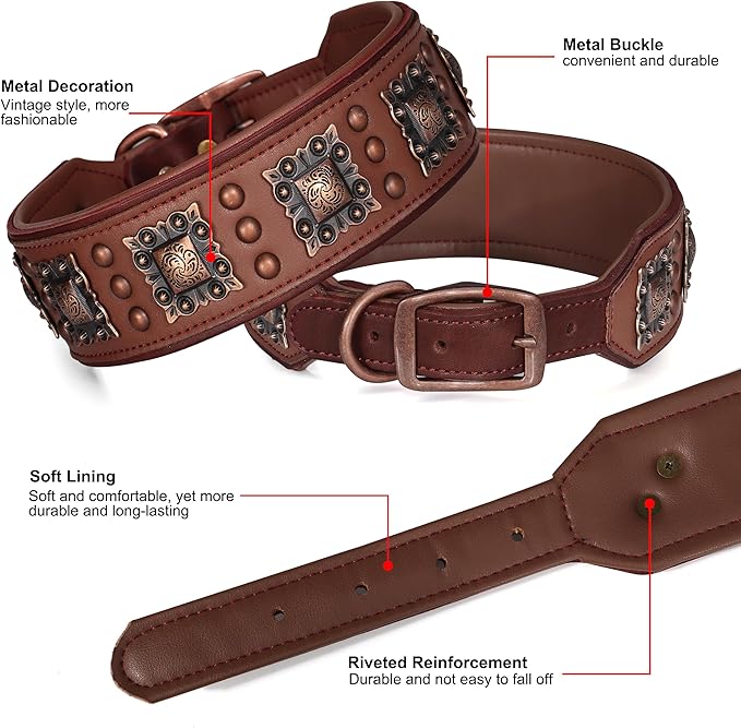 PET ARTIST Soft Padded Leather Dog Collar, 2 inch Wide Genuine Leather Dog Collars with Stylish Studded Rivet & Metal Buckle, Luxury & Adjustable Pet Collars for Medium Dogs,Brown,Neck 16-19"