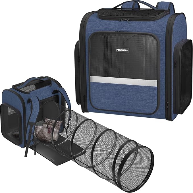 Pawtners Cat Backpack Carrier with Play Tunnel, Expandable Dog Backpack with Breathable Mesh, Pet Carrier Backpack for Small Cats Dogs Up to 18 Lbs, Dog Carrier for Travel Hiking Camping Outdoor Blue