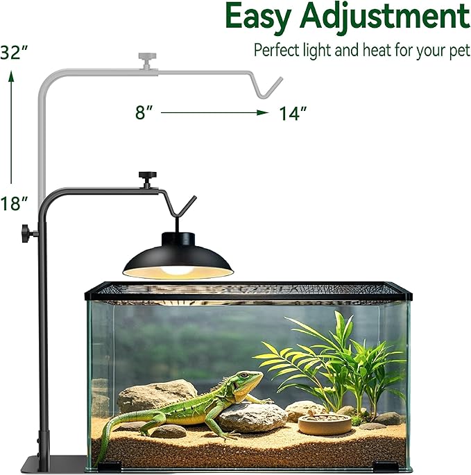 Reptile Heat Lamp Stand Adjustable 18"-32": Light Holder Fixture with Heavy Base for Bearded Dragon, Turtle, Snake, Lizard – Terrarium Heating Dome Lamps for Tank or Aquarium Use