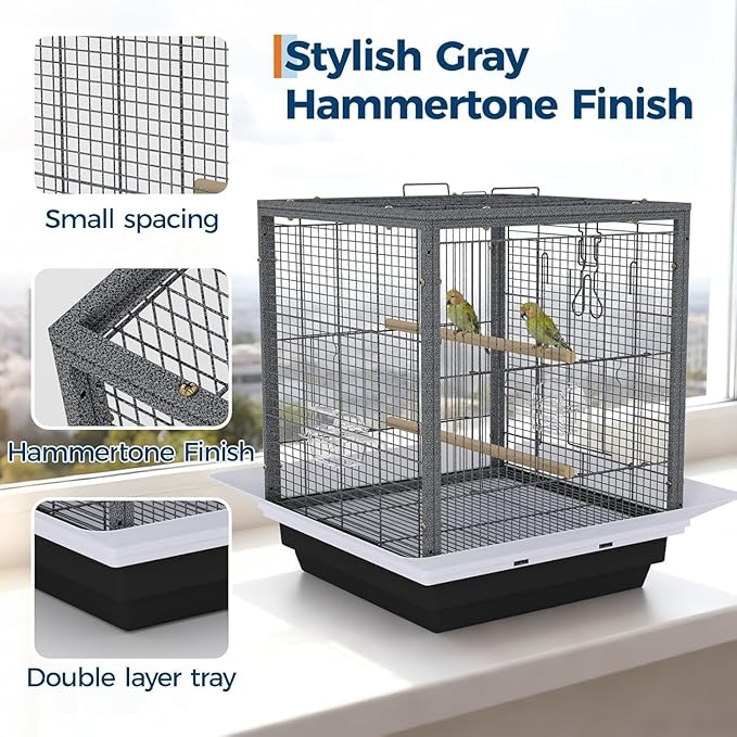 Bird Flight Cage 16 x 16 x 20 Inch, Wrought Iron Parrot Cage with Top Carry Handle, Food Cup, Removable Tray and Perches, Bird Carrier for Parakeet, Cockatiels, Budgies and Small Medium Birds