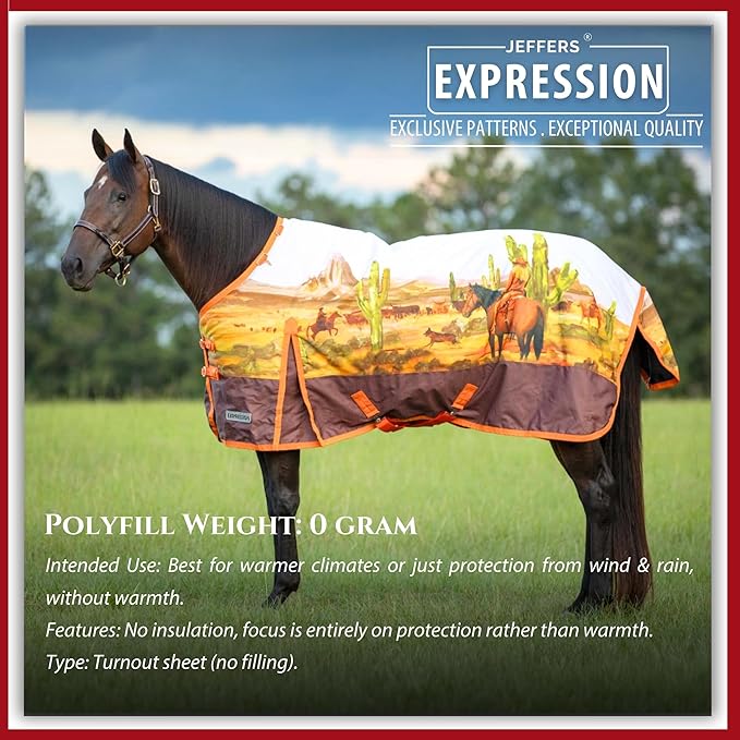 Jeffers Expression 1200 Denier Standard Neck Turnout Sheet, Cattle Drive, 87"- Waterproof, Breathable Horse Sheet with 0g Polyfill, No Insulation, Ideal Protection for Wind & Rain, Lightweight