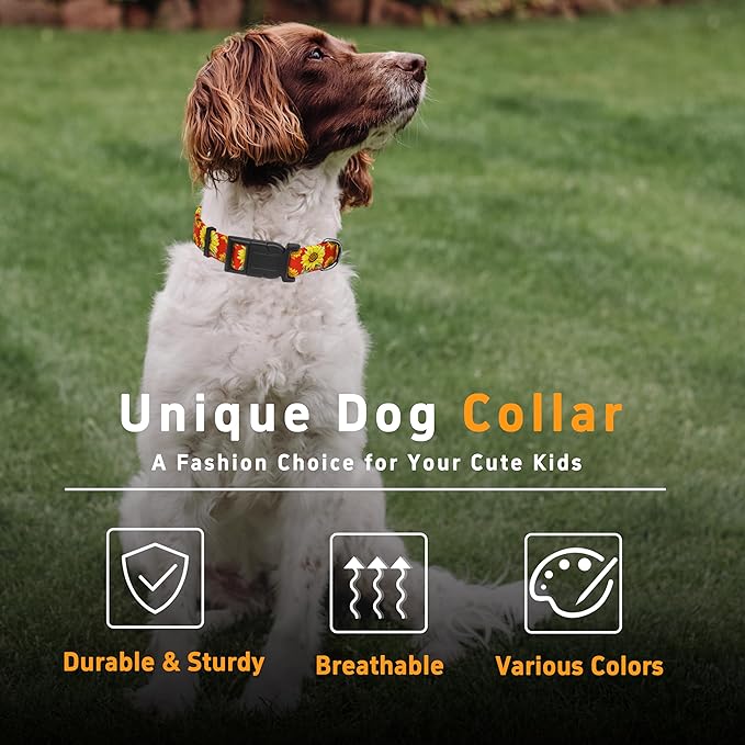Dog Collar, Floral Boys Girls Puppy Collar for Small Medium Large Dogs, Adjustable Soft Pet Collar with Safety Buckle for Male Females (Red Sunflower, M)