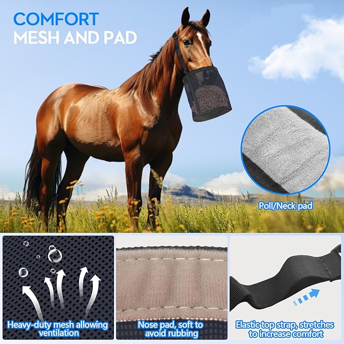 Horse Feed Bag Pack of 2, Feed Bags for Horses with Ventilation Mesh, Comfort Nose Pad Neck Pad, Adjustable Strap, Spill Proof Design for Independent Feeding Grain, Supplements (Black Blue)
