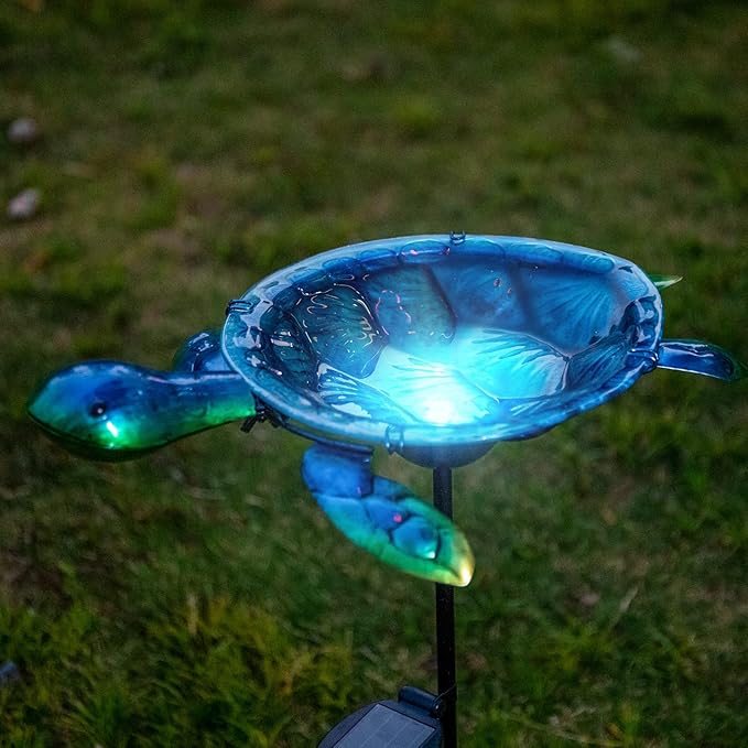 MUMTOP Outdoor Bird Bath Solar Birdbath Small Birdfeeder with Turtle Metal Stake for Garden Yard Outside Decor