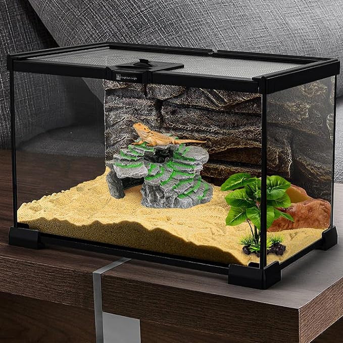 Turtle Basking Platform, Reptile Habitat Hideout, Decorative Resin for Aquarium & Terrarium, Including Artificial Plant and Cleaning Brush.(C-Medium-Black)