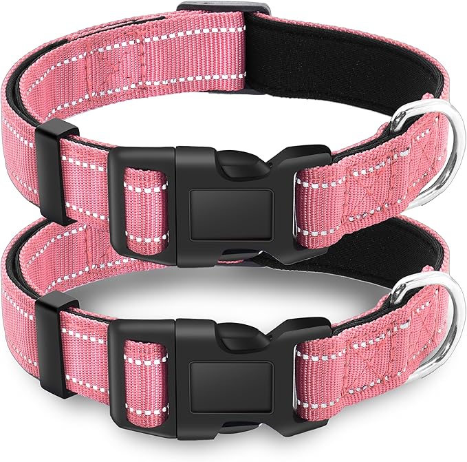 2 Pack Reflective Dog Collar with Safety Locking Buckle, Adjustable Soft Breathable Comfortable Nylon Pet Collar for Small, Medium and Large Dogs, Pink, M