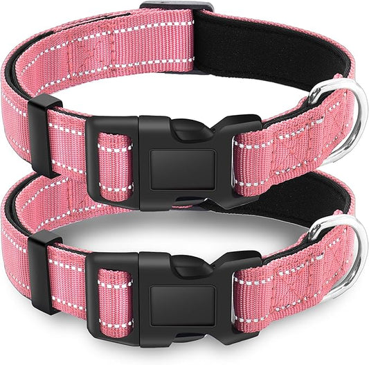 2 Pack Reflective Dog Collar with Safety Locking Buckle, Adjustable Soft Breathable Comfortable Nylon Pet Collar for Small, Medium and Large Dogs, Pink, XL