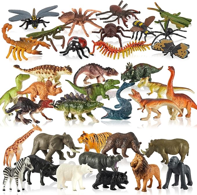 Dinosaur Toys for Kids 3-5, Insects and Bugs, Safari Jungle Animal Figures, 3 in 1 Animal Toys Figurines with T-Rex, Party Favor Gifts for Boys Girls, 36PCS