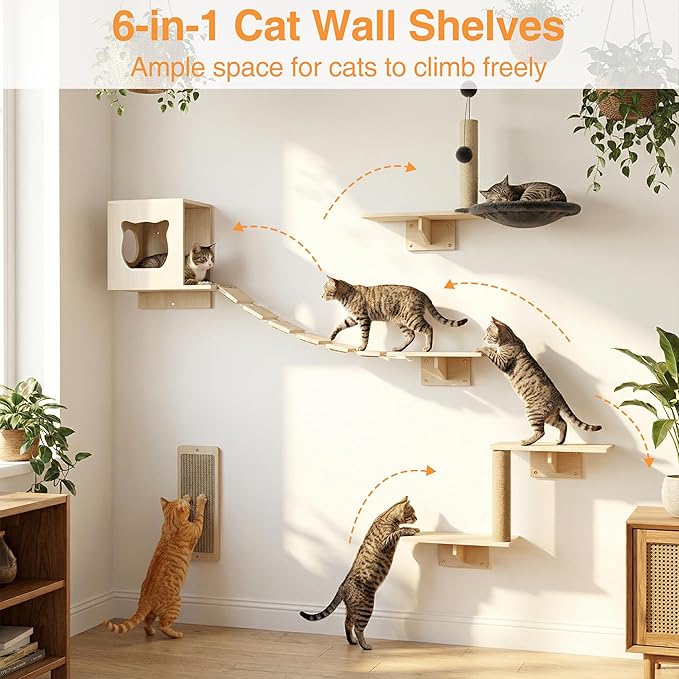 Cat Wall Shelves, Modern Wall-Mounted Cat Furniture Includes House, Bridge, Steps, Scratcher, Perch & Lounge for Indoor Cats, Space-Saving Wall Mounted Cat Shelves for Play & Rest