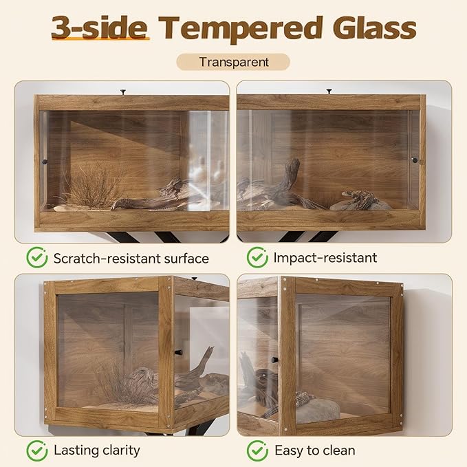 80 Gallon Bearded Dragon Tank with Stand & 2 Dimmable Reptile Light Fixtures, Front Sliding Door Tempered Glass Reptile Habitat with Mesh Top for Snakes/Lizards/Geckos/Tortoises (Bulbs Not Included) ﻿