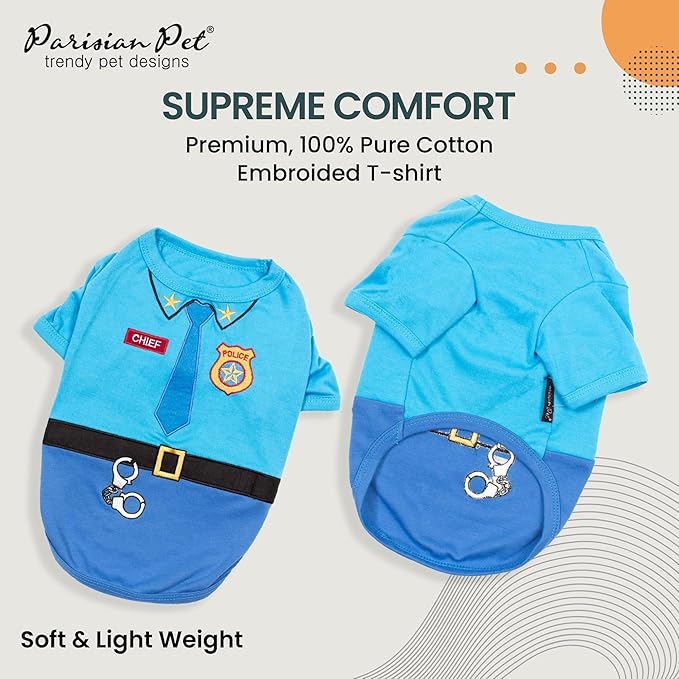 Parisian Pet Sleeved Cop Costume - Embroidered Police Dog Shirt - Blue Cotton & Polyester Sleeved Cop Costume for Large Dogs