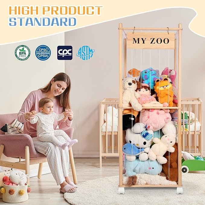 Stuffed Animal Storage Zoo with Wheels, Wooden Stuffed Animal Organizer with Elastic Cords, Space Saving Toy Plushies Storage Holder for Playroom, Bedroom, Living Room(Burlywood, Large)