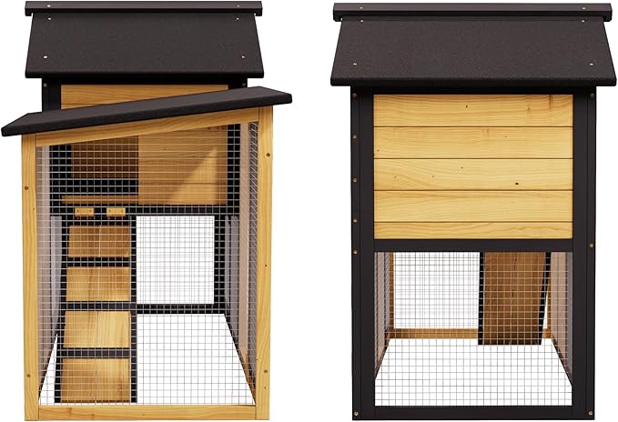 Outdoor Chicken coops for 2-4 Chickens Wooden with Waterproof Asphalt Roof, Ramp, and Multiple Doors Openable Top Pull-Out Tray Suitable for Outdoor Backyard (Yellow Black)