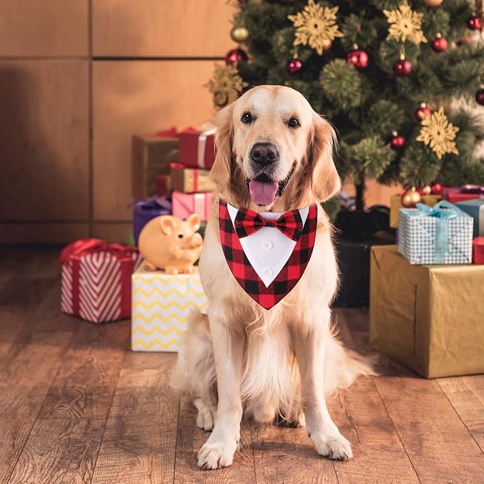 ADOGGYGO Christmas Dog Tuxedo Bandana, Red Plaid Xmas Pet Bowtie Collar, Adjustable Christmas Costumes for Extra Large Dogs (XL)