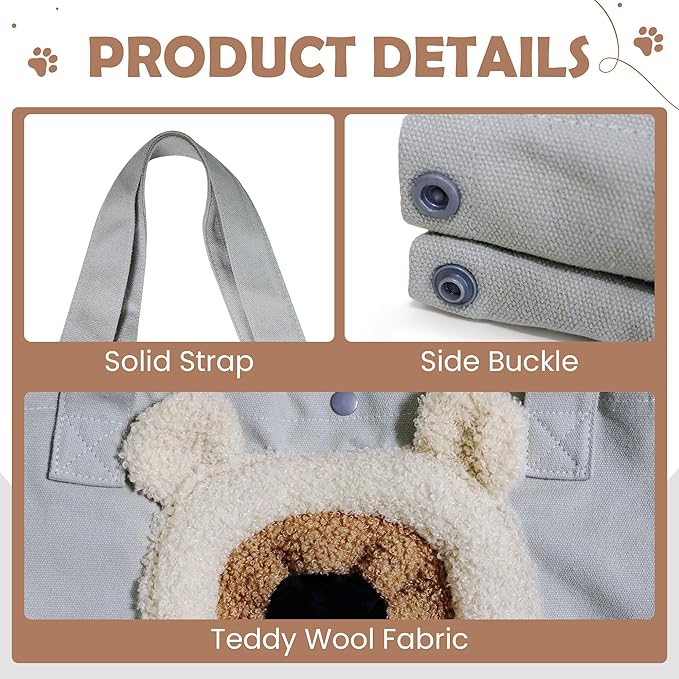 Pet Canvas Shoulder Carrying Bag, Cute Grey Bear Shaped Cat Carrier, M Size Portable Kitten & Puppy Tote, Comfort Carriers for Small Dogs, Cats, and Pets, Handbag for Outdoor, Shopping, and Camping