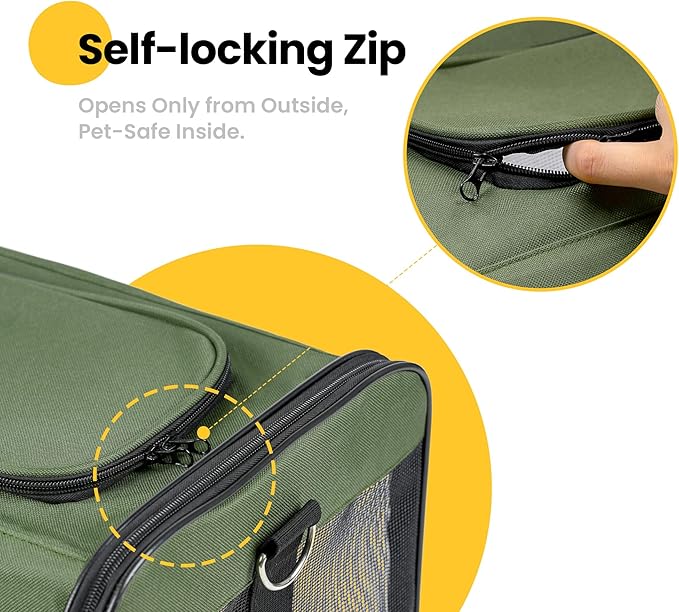 Cat Carrier Airline Approved, Soft-Sided Dog Carrier with Inner Safety Leash, Pet Transport Carrier for Small-Medium Cats Puppies up to 15 Lbs, Collapsible Travel Kitten Carrier Bag -Green M