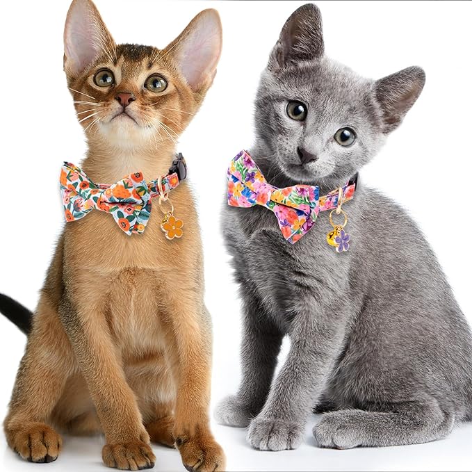 Faygarsle 2 Pack Cat Collar with Bell Breakaway Bowtie for Male Female Cats Pink Purple Flower Floral Spring Summer Cat Collar for Boy Girl Cats