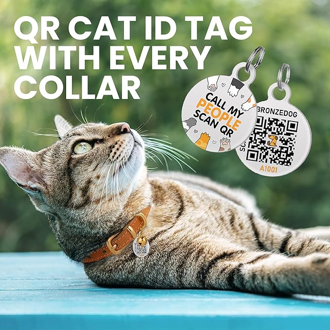 BRONZEDOG Leather Cat Collar with Removable Bells Non Breakaway Kitten QR Tag for Girl Boy (7" - 9" for Cats, Black & Gold) (Pack of 2)