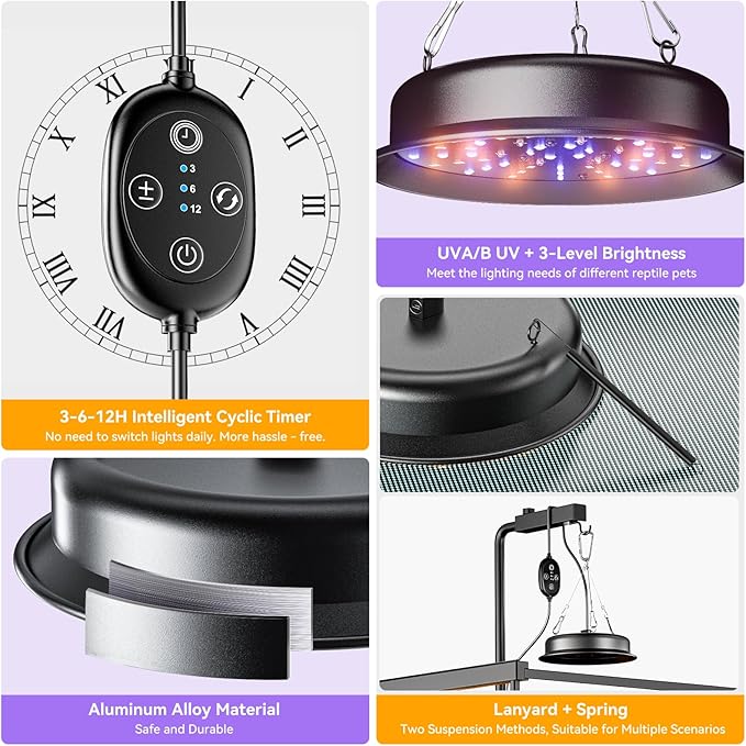 UVB Light for Reptiles, TFNN Reptile Light Fixture with 3-6-12 Cycle Timer & 3 Brightness, Full Spectrum UVA UVB Lamp for Turtles Bearded Dragon Snake (18W)