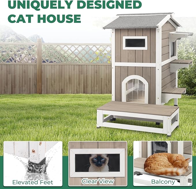 Outdoor Cat House Weatherproof, Wood Two Story Cat House with Openable Roof, 4 Doors, Balcony, Outside Indoor Pet House Feral Cats Shelter with Jumping Platforms for Small Animals, Grey