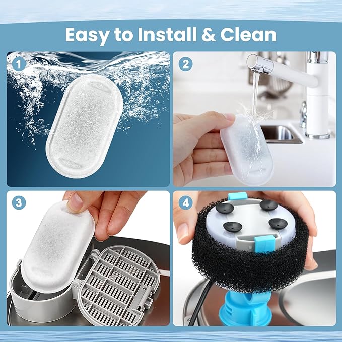 Cat Water Fountain Filter Replacement, 8 Pcs Pet Water Fountain Filters with 8 Pcs Sponges Foam for 67oz/2L & 108oz/3.2L Stainless Steel Automatic Cat Water Fountain Dispenser Filters
