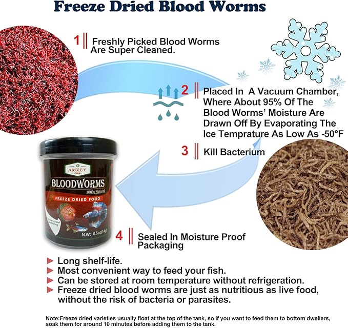 Amzey Blood Worms 0.5 oz -100% Natural Freeze Dried Blood Worms - Aquarium High Protein Food for Betta Fish, Goldfish, Cichlid, Guppy, Discus, Turtle