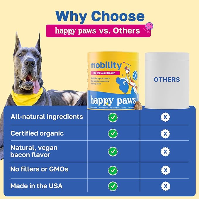 Happy Paws Hip & Joint Supplement for Dogs, Glucosamine Chondroitin for Dogs of All Breeds, Mobility Support Chews with Hyaluronic Acid & Turmeric, Vegan Bacon Flavor, Organic, Non GMO, 200 Chews