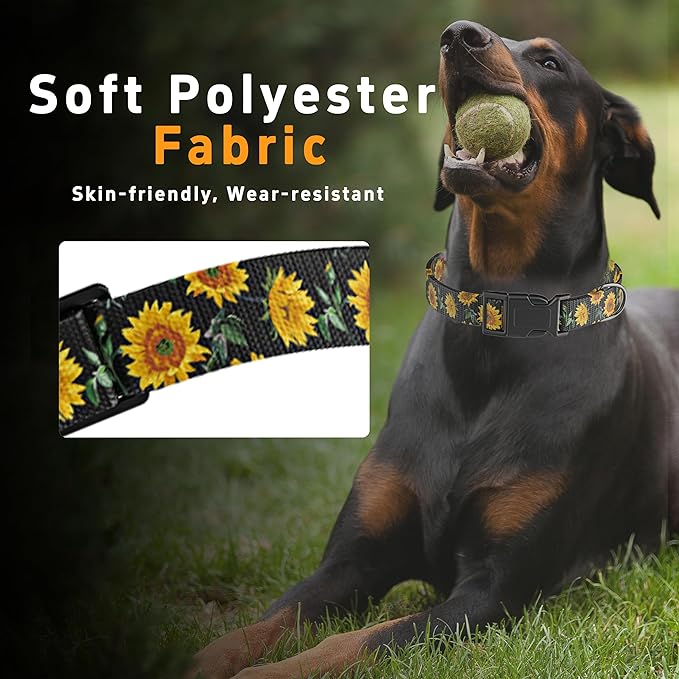 Dog Collar for Boys Girls, Sunflower Puppy Collar for Small Medium Large Dogs, Adjustable Soft Floral Pet Collar with Safety Buckle for Male Females(Black Sunflower,L)