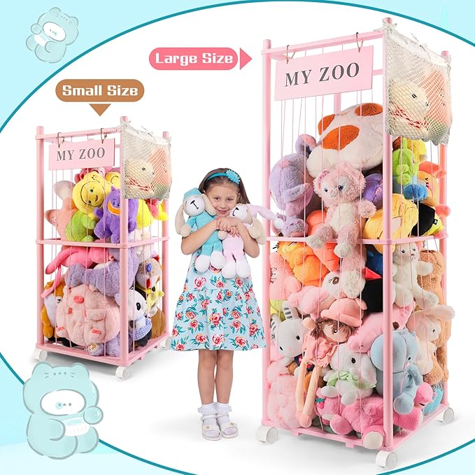 Stuffed Animal Storage Zoo with Wheels, Wooden Stuffed Animal Organizer with Elastic Cords, Space Saving Toy Plushies Storage Holder for Playroom, Bedroom, Living Room(Pink, Small)