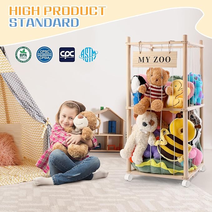 Stuffed Animal Storage Zoo with Wheels, Wooden Stuffed Animal Organizer with Elastic Cords, Space Saving Toy Plushies Storage Holder for Playroom, Bedroom, Living Room(Burlywood, Small)
