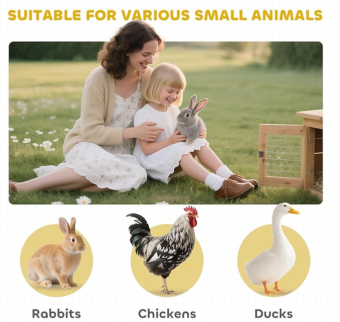 PawHut Wooden Bunny Rabbit Hutch, Small Animal Habitat with Ramp, Removable Tray & Weatherproof Roof, for Rabbits, Chickens, Ducks, Indoor/Outdoor, Brown