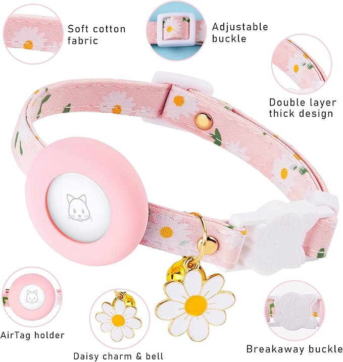 Airtag Cat Collar, JXFUKAL Kitten Collar Breakaway with Silicone Airtag Holder, Bells & Flower Charm for Girl Cats Boy Cats Small Dogs(Pink)