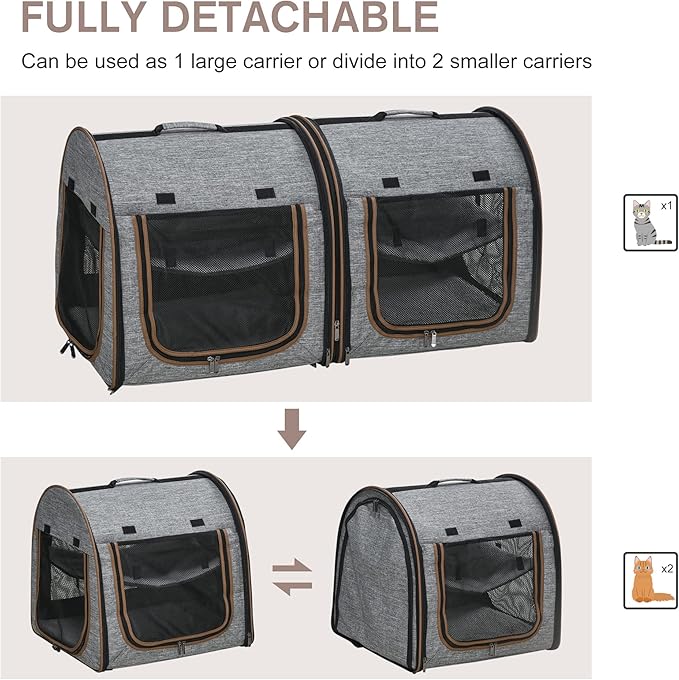PawHut 39" Portable Soft-Sided Cat Carrier, Cat Kennel, Travel Dog Crate with Divider, Two Compartments, Soft Cushions & Storage Bag, Easy to Fold, Light Gray