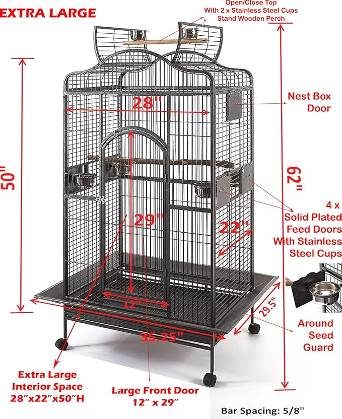 Extra Large Wrought Iron Open/Close Dome Perch Stand Play Top Bird Parrot Rolling Cage Solid Metal Plated Feeder Door Prevent Food Spillage Side Breeding Doors Around Metal Seed Guard
