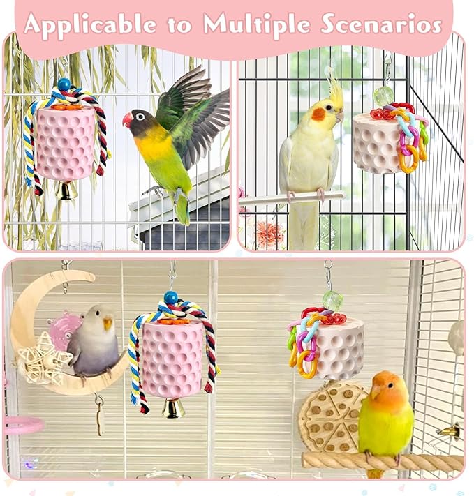 PINVNBY 2 Pack Bird Chew Toys Bird Beak Grinding Stone Lava Calcium Block with Bell Hanging Parrot Chewing Toy Cage Accessories for Parakeets Conures Cockatiels Budgies Lovebirds