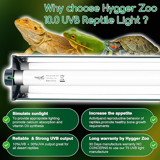 T8 Reptile Light Fixture Combo Kit 15W 18.3IN Green Fluorescent Tube 10.0 UVB Light Bulb for Bearded Dragon Lizards Tortoise 1 Count