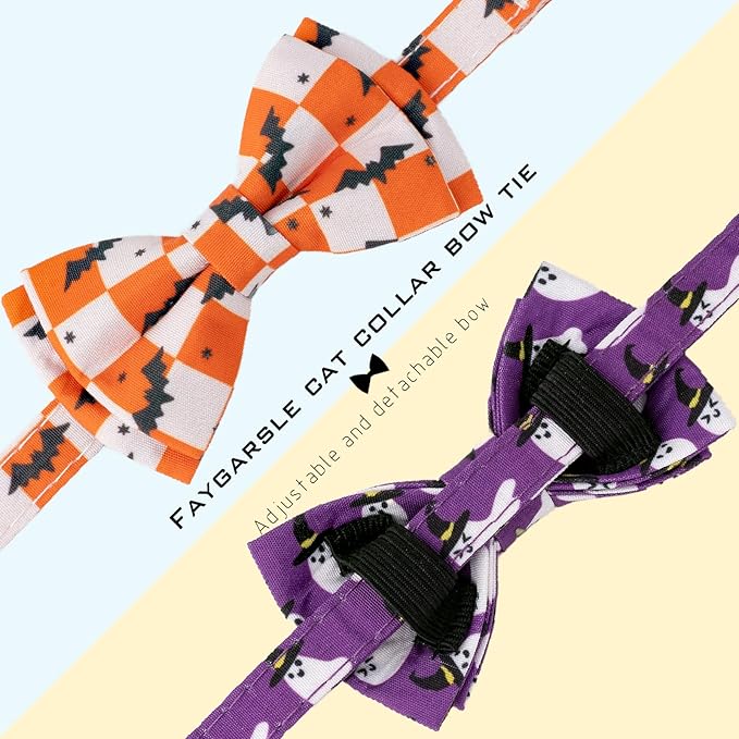 Faygarsle 2 Pack Halloween Cat Collar with Bowtie and Bell, Breakaway Safety Buckle, Ghost Bats Pattern, Orange and Purple