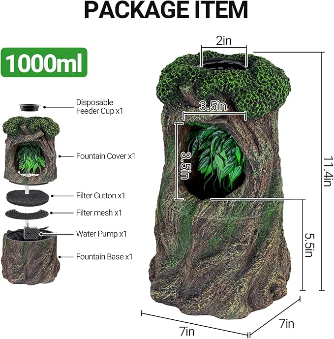 REPTI ZOO Reptile Waterfall Drinking Fountain with Food Dish, 1000ML Large Reptile Terrarium Water Dispenser for Bearded Dragon Chameleon Gecko Lizard Tree Frog