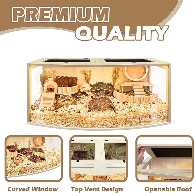 Prolee Hamster Cage Chew Proof Wood, Hamster Enclosure Openable Top with Curved Design,Waterproof Small Animals Cage with Acrylic Sheets for Gerbils,Hamsters Habitat (48"x20"x20")