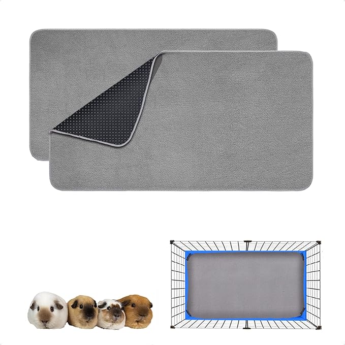 Guinea Pig Cage Liner, 2 Pack - Washable, Reusable, Leakproof Fleece Bedding Pads for Small Animals with Anti-Slip Bottom - for 15''x29'' Area, Gray