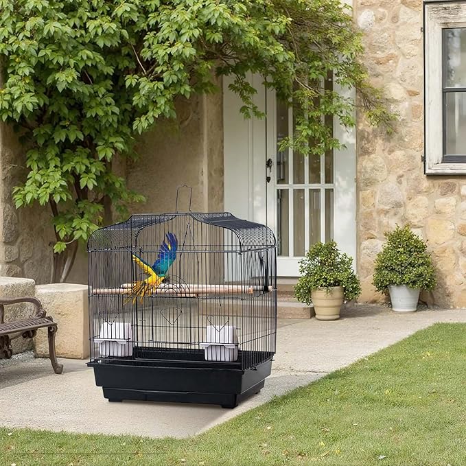 20.5"x18.1"x14.2" Portable Bird Travel Cage with Handle, Metal Carrier with Food Container, Wooden Perch & Pull-Out Tray for Small Parrots, Canaries, Cockatiels, Lovebirds, Conures