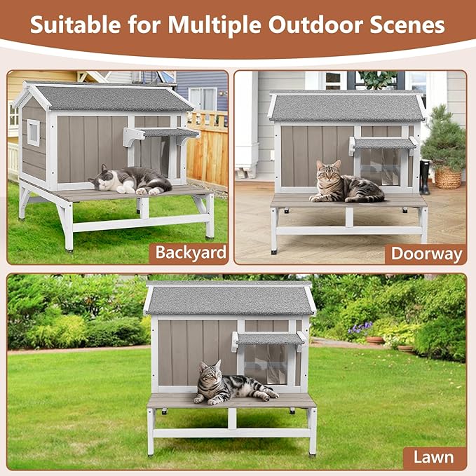 Small Cat House Weatherproof, Wooden Feral Cat House Outdoor with Balcony, Internal Dividers, PVC Curtain Door, Outside Indoor Cats Shelter with Elevated Feet, Openable Roof, Grey